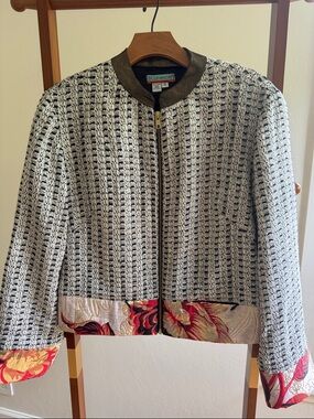 NEW Custom Tweed Jacket with Red Floral Trim lined with brown satin size Small
